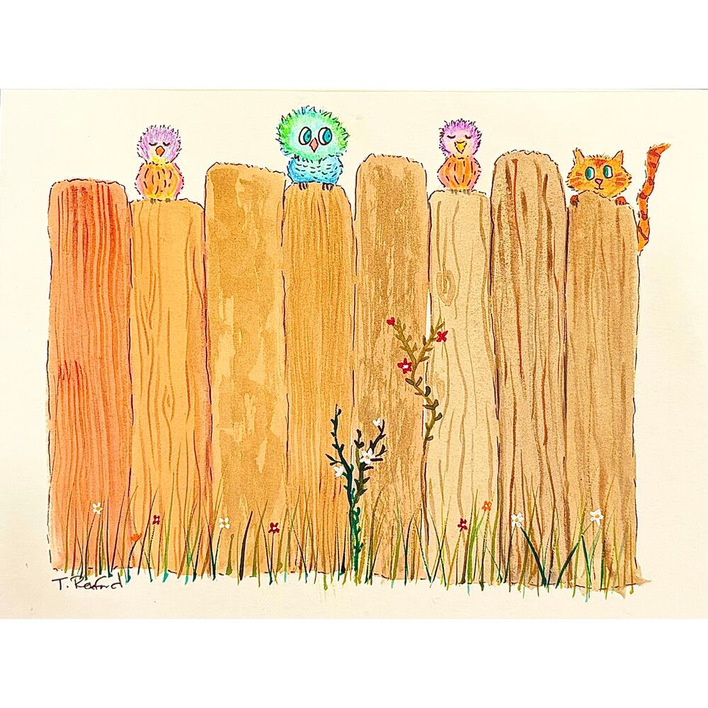 Hand painted watercolor original painting fence with birds and cat
